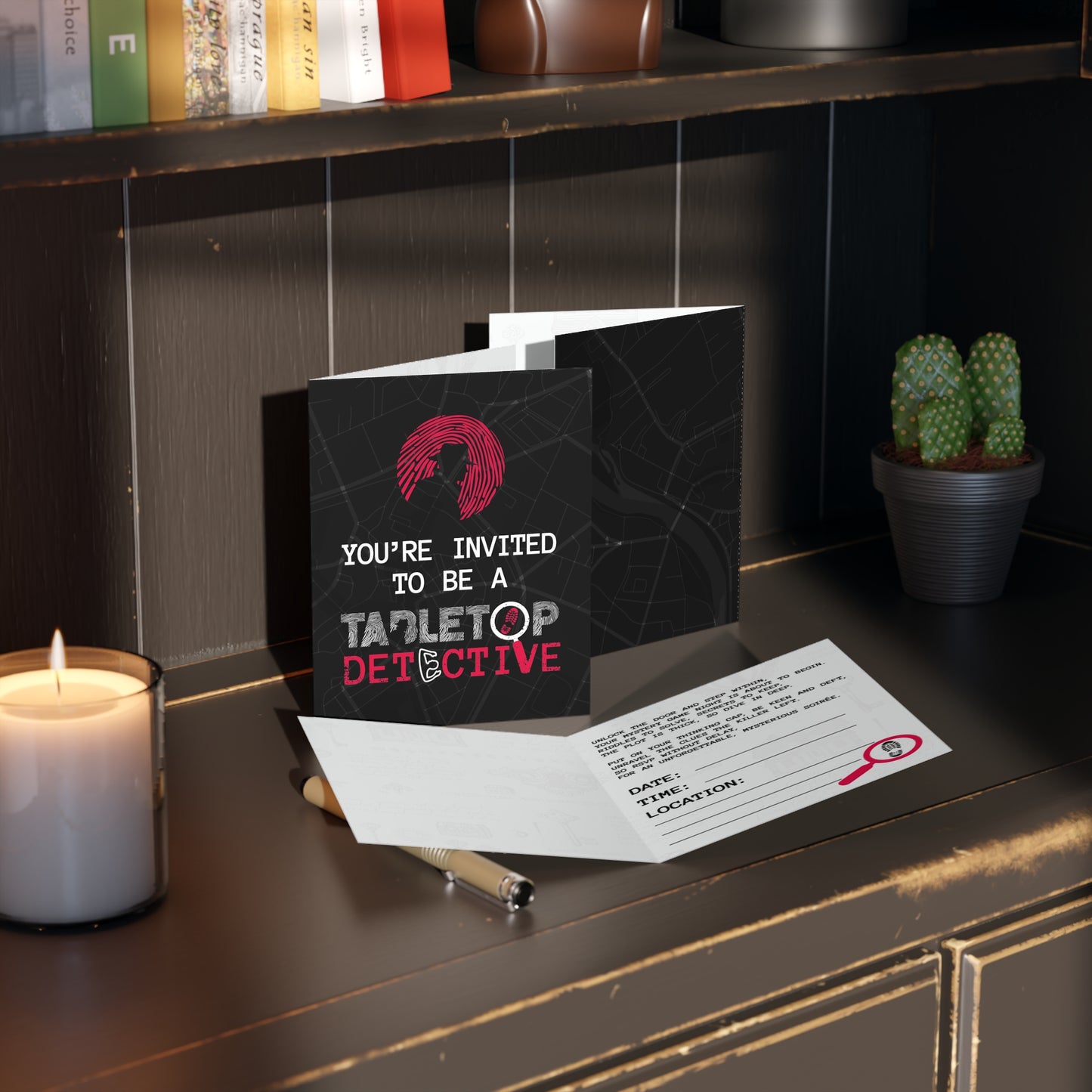 Tabletop Detective mystery night invitations (8, 16, and 24 pcs)